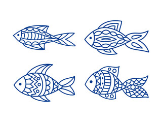 Vector linear fishes collection isolated on white. Coloring page for kids