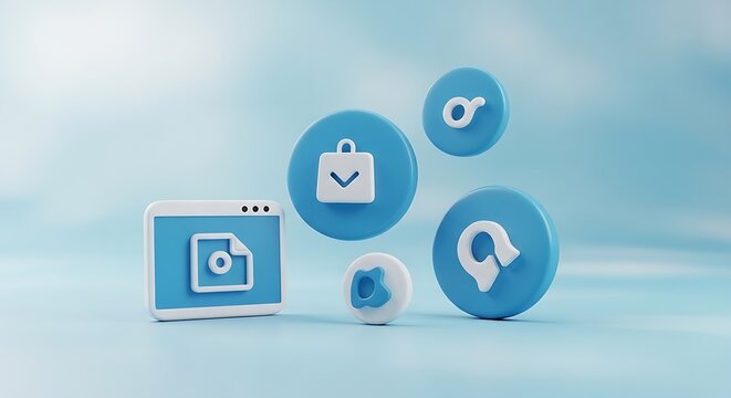 A collection of blue and white icons representing different online services in a clean style render