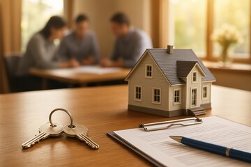 Real estate transaction concept with house model, keys, and contract documents on wooden table, symbolizing homeownership, mortgage signing, and property purchase.