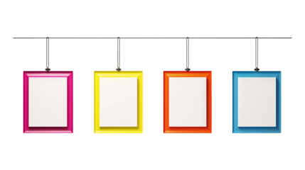Colorful blank frames hanging on line isolated on a transparent white background, clipping path, pen tool