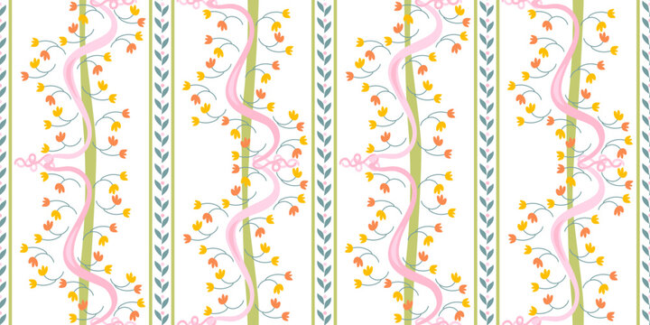 Cute striped floral seamless border pattern with hand drawn small yellow flowers, leaves and pink ribbons . Vector illustration 