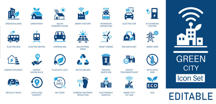 Green City and Sustainable Living solid icon set. Contains symbols for Electric Car, Solar Panel, Net Zero, and Recycling. Flat vector design for environmental awareness and smart city projects.
