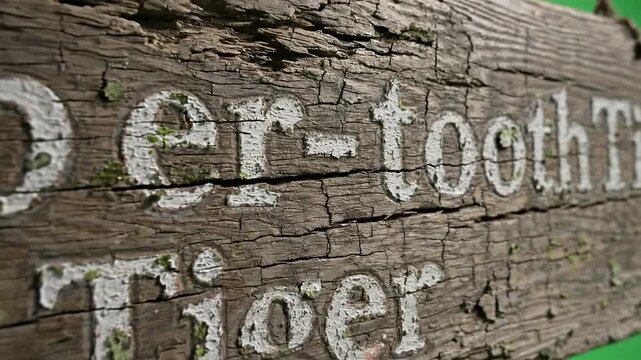 Old Wooden Sign With Saber-Tooth Tiger Writing On Green Screen Background