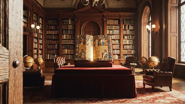 Opening a grand old door to reveal a magnificent library filled with ancient books and antique