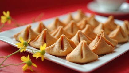 Triangular baked cookies arranged on white plate, with yellow flowers nearby. Cookies golden brown, appear crisp. Cookies open, revealing hollow center. Dessert often associated with Chinese