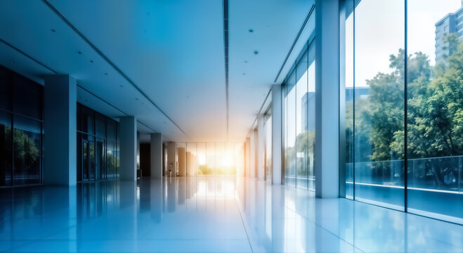 Bright, modern office building interior with an empty long corridor, large glass windows, and polished reflective floors, bathed in warm sunlight, highlighting contemporary architecture