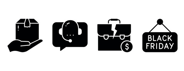 Black friday icons featuring delivery, customer service, briefcase, and sale sign