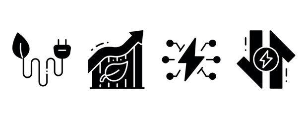 Obraz premium Sustainable energy icons: growth chart, electric plug, power, leaf symbols