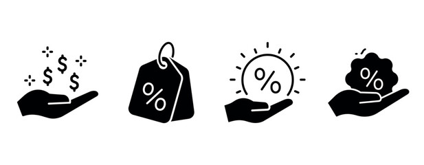 Hand icons with dollar signs, discount tags, percentage symbols, and cloud emblem