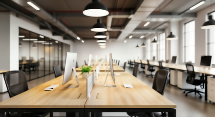 Modern openplan office interior with rows of empty wooden desks, computers, and chairs, featuring an industrial ceiling and contemporary lighting, ready for business