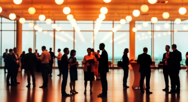 Silhouettes of business professionals networking and socializing at a modern corporate event or conference, creating a dynamic and engaging atmosphere with warm lighting