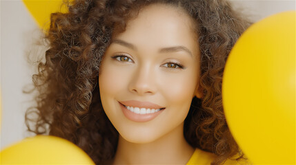 Portrait of cheerful young woman with curly hair holding bright yellow balloons, radiating joy, positivity and playful celebratory mood in soft warm daylight.