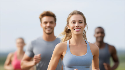 Group of young adults jogging outdoors in daylight, promoting healthy lifestyle, fitness motivation and active wellbeing in a modern urban setting.