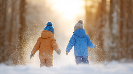 Two children in warm winter clothing walking through snowy forest path, capturing childhood friendship, seasonal mood and peaceful outdoor atmosphere.