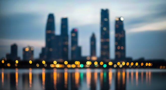 Blurred urban skyline at twilight with city lights reflecting on the calm water, creating a serene and abstract evening cityscape