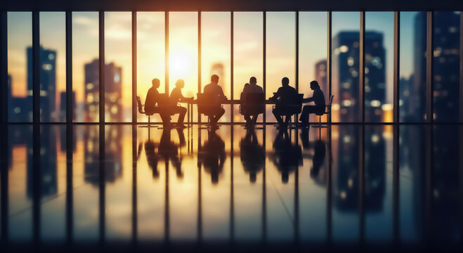 Business professionals gather for a strategic meeting in a modern office, silhouetted against a vibrant sunset over a bustling city skyline, their reflections visible