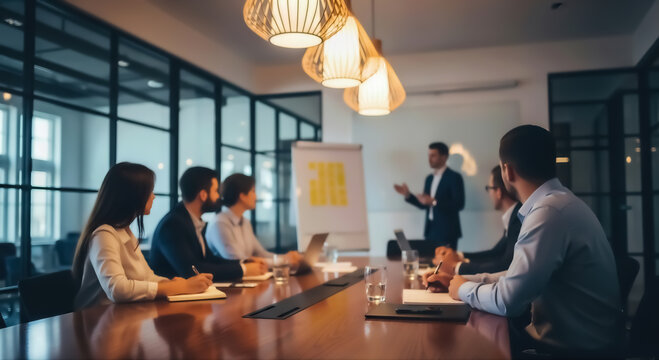 Business professionals attend a corporate meeting, listening attentively to a male presenter delivering a strategic presentation in a modern conference room environment