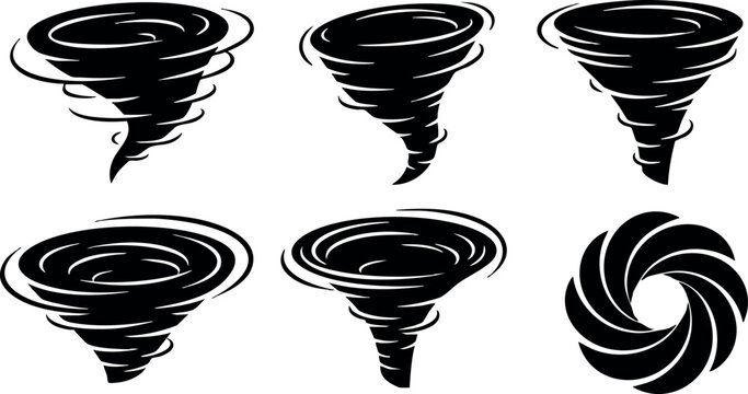 Tornado vector illustration set of six black cyclone spiral shapes swirl designs natural hazard symbols