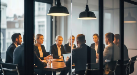 Business professionals collaborating in a modern office meeting room, seen through a glass partition, discussing strategies and ideas during a corporate gathering, highlighting teamwork