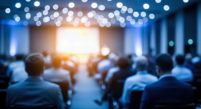Blurred image of an audience attending a business conference or educational seminar in a large hall, with a bright stage screen and bokeh lights creating an atmospheric effect - Powered by Adobe