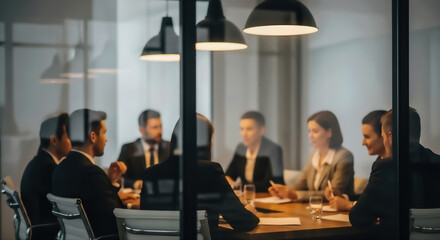 A team of diverse business professionals engaged in a strategic meeting within a contemporary office setting, fostering collaboration and discussion behind a sleek glass wall