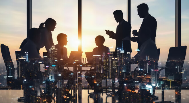 Silhouettes of business professionals collaborating in a boardroom, overlooking a city skyline at sunset, symbolizing global strategy, corporate success, and vision