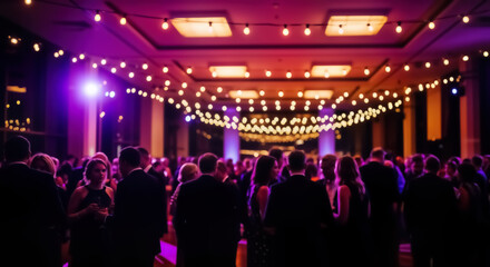 A vibrant crowd of people enjoying a festive event, illuminated by the warm glow of string lights and dynamic purple lighting, creating an exciting atmosphere