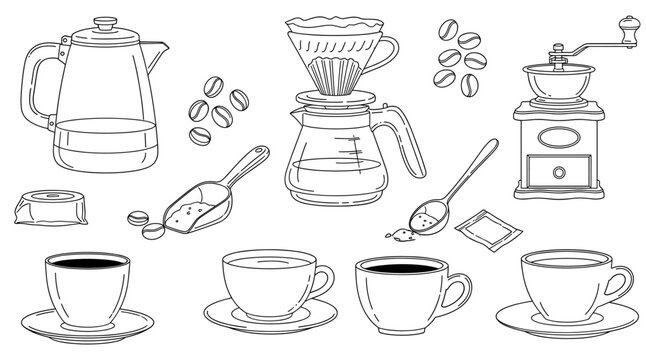 Coffee maker equipment vector set with espresso machines, cups, grinders, beans, kettles and brewing accessories illustrations.ai