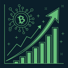 Bitcoin currency growth concept  arrows up. Financial success, vector icon