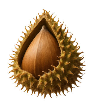 Triangular-shaped beech nut with a spiky outer husk.