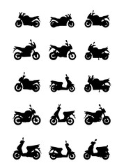 Mixed Motorcycle and Scooter Silhouettes: Vector Set of Fifteen Black Icons Representing Sport, Naked, and Moped Profiles for Wide Transport Applications.