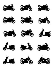 Fifteen Motorcycle and Scooter Silhouettes: Vector Icon Set of Sportbike, Naked Bike, and Moped Profiles for Transport Graphics, Apps, and Web Design.