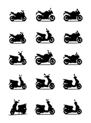 Fifteen Motorcycle and Scooter Silhouettes: Vector Icon Set of Sportbike, Naked Bike, and Moped Profiles for Transport Graphics, Apps, and Web Design.