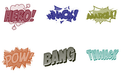 Comic book speech bubbles with action words on transparent background