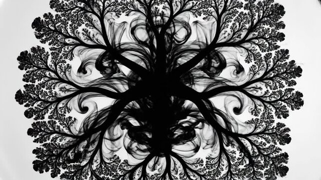 Abstract fractal pattern growing from simple center to complex branches. Top-down view of evolving organic design in black on white background. Mathematical art animation concept for digital