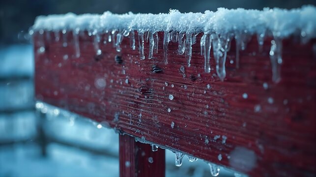 Frosted Red Wooden Sign with Icicles in Winter Close-Up