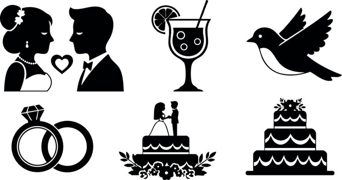 Wedding love couple rings cake bird drink celebration romantic icons set vector illustration - Powered by Adobe