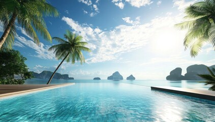 Luxury infinity pool with tropical ocean view, lush palm trees, and distant islands under a bright blue sky