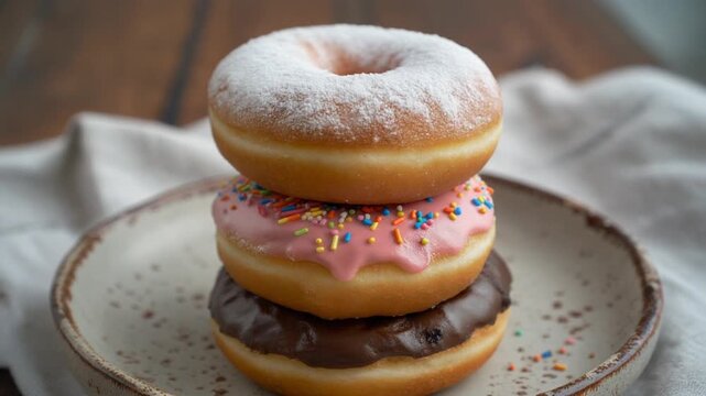 An enticing stack of three freshly baked, frosted donuts with colorful toppings, a delightful sweet treat perfect for indulgence