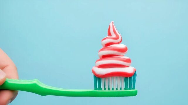 Toothpaste in the shape of a New Year's Christmas tree, on a tooth puppy, the hand slowly brings the brush with toothpaste to the screen. New Year concept.