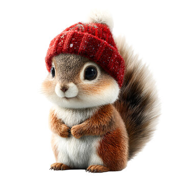 Adorable fluffy squirrel wearing a red knitted winter hat isolated on transparent background