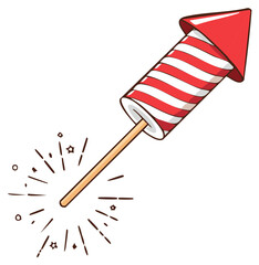 Red and white striped firework rocket with sparking tail against white background