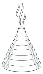 Engraving style drawing of a burning stacked incense cone with fragrant smoke for aromatherapy and meditation