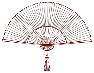 Elegant Traditional Asian Folding Hand Fan Line Art Illustration with Tassel