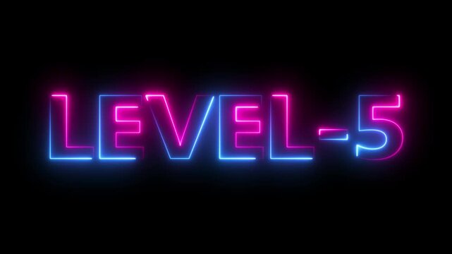level 5 neon bright text font colorful 4k video animation. Neon level up sign and upper Level . next Level text animation.