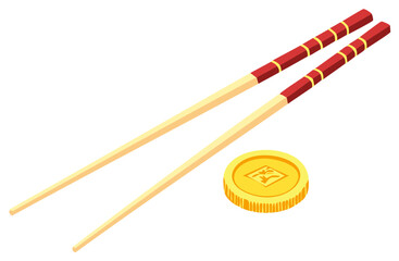 Elegant red and gold chopsticks paired with a traditional lucky gold coin representing Asian culture and prosperity.