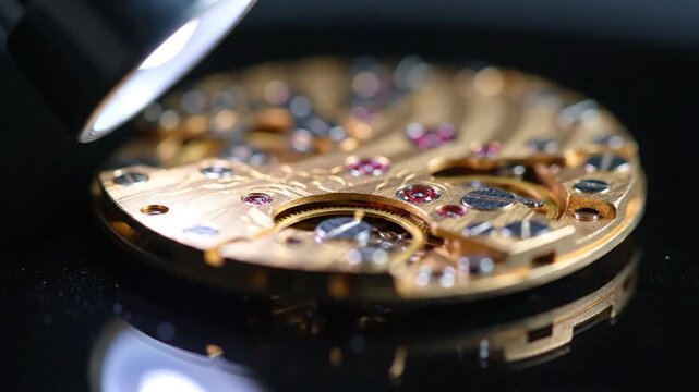 Close up detail of mechanical watch movement gear mechanism with jewel bearings and intricate design highlighted by light