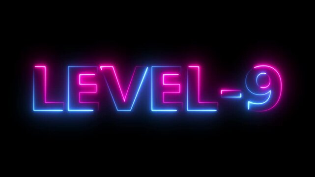 level 9 neon bright text font colorful 4k video animation. Neon level up sign and upper Level . next Level text animation.