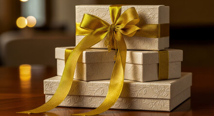 Elegant stacked gift boxes with golden ribbon and bow on festive bokeh background isolated on white background, Vector