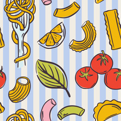 Playful Mediterranean pasta design with quirky line art noodles. Seamless pattern ideal for kitchen decor, wrapping paper, or restaurant branding. Cute background with spaghetti, penne, and ravioli.